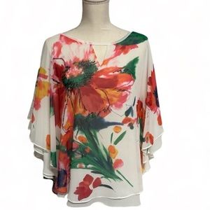 French Blue Floral | Butterfly Sleeve Lined Ladies Blouse Size Large NWT